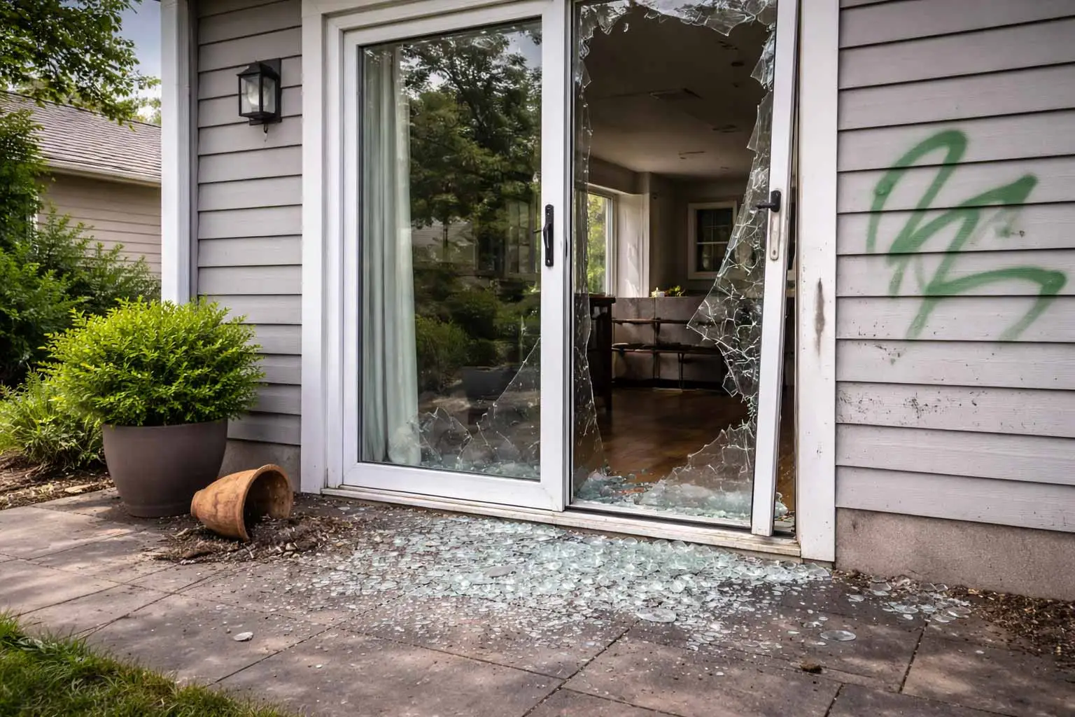 Modern suburban home with shattered sliding glass door and visible vandalism damage