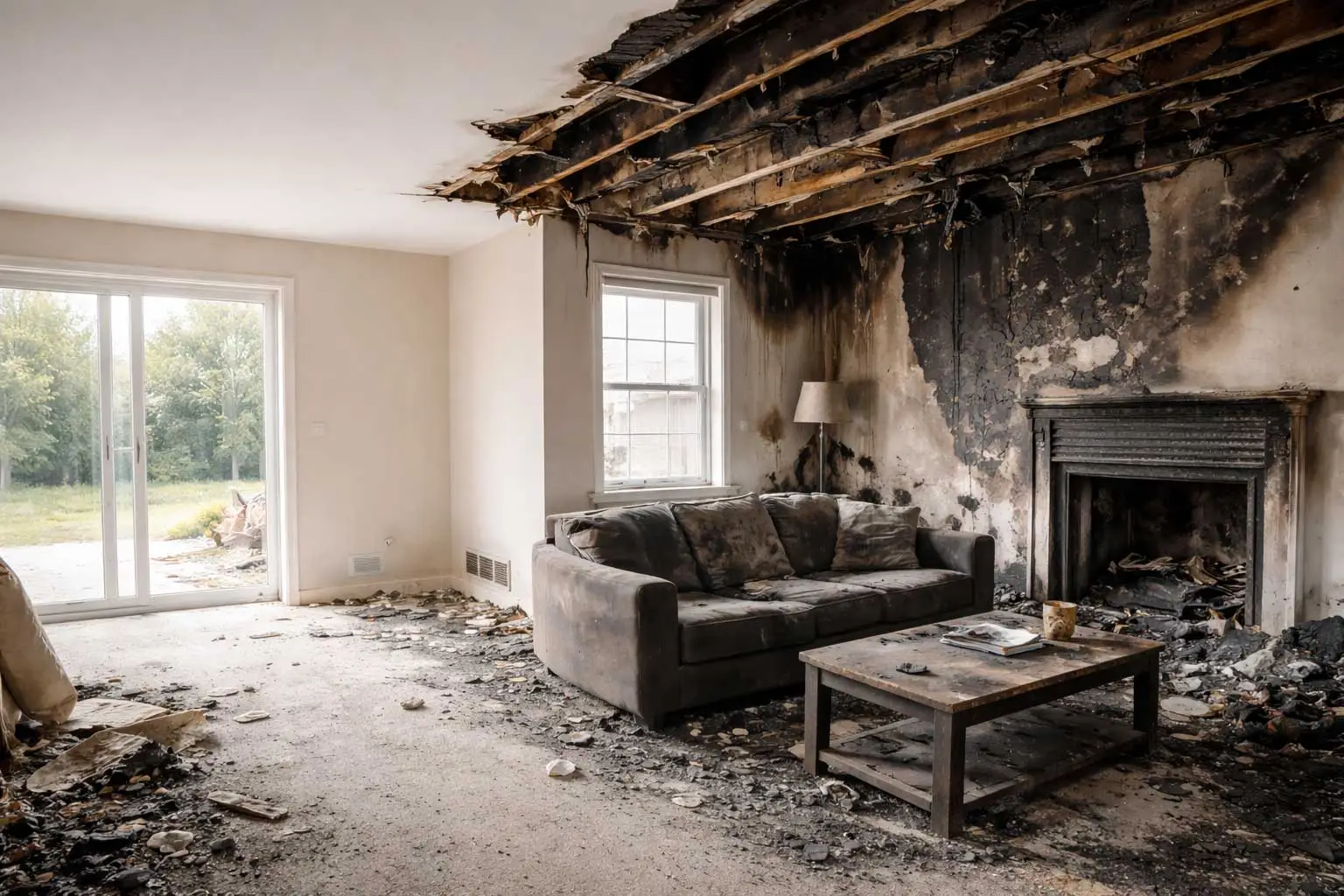 Living room with visible fire and smoke damage before insurance property claim review