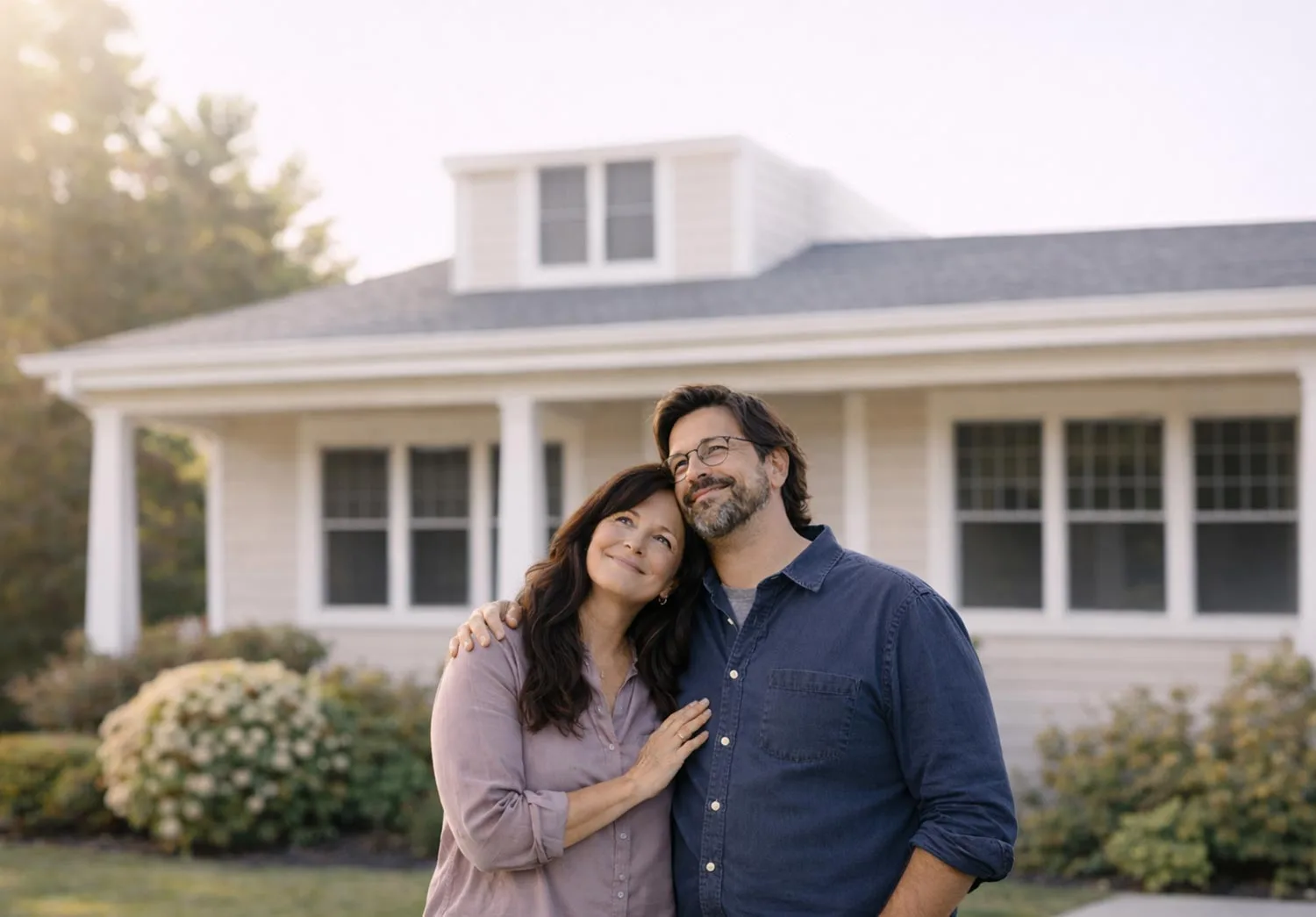 Middle-aged homeowners standing outside their home after insurance claim settlement