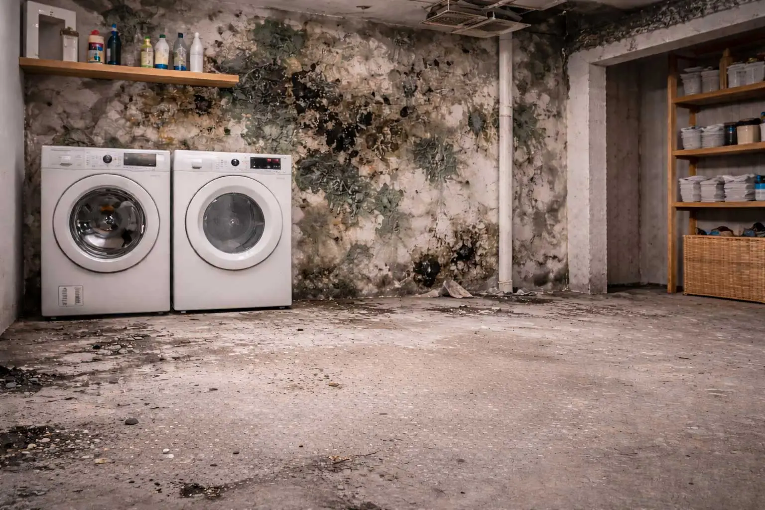 Basement laundry room with significant mold growth on walls and ceiling surfaces