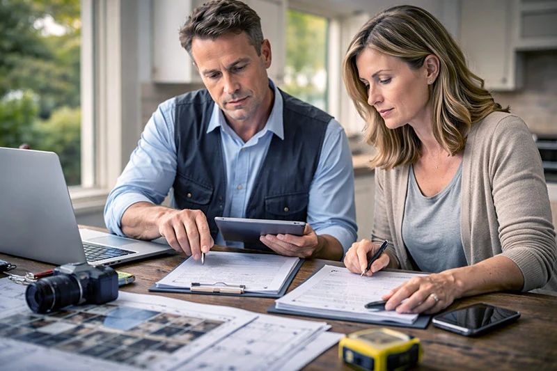 Public adjuster reviewing insurance claim paperwork and damage documentation with homeowner at kitchen table