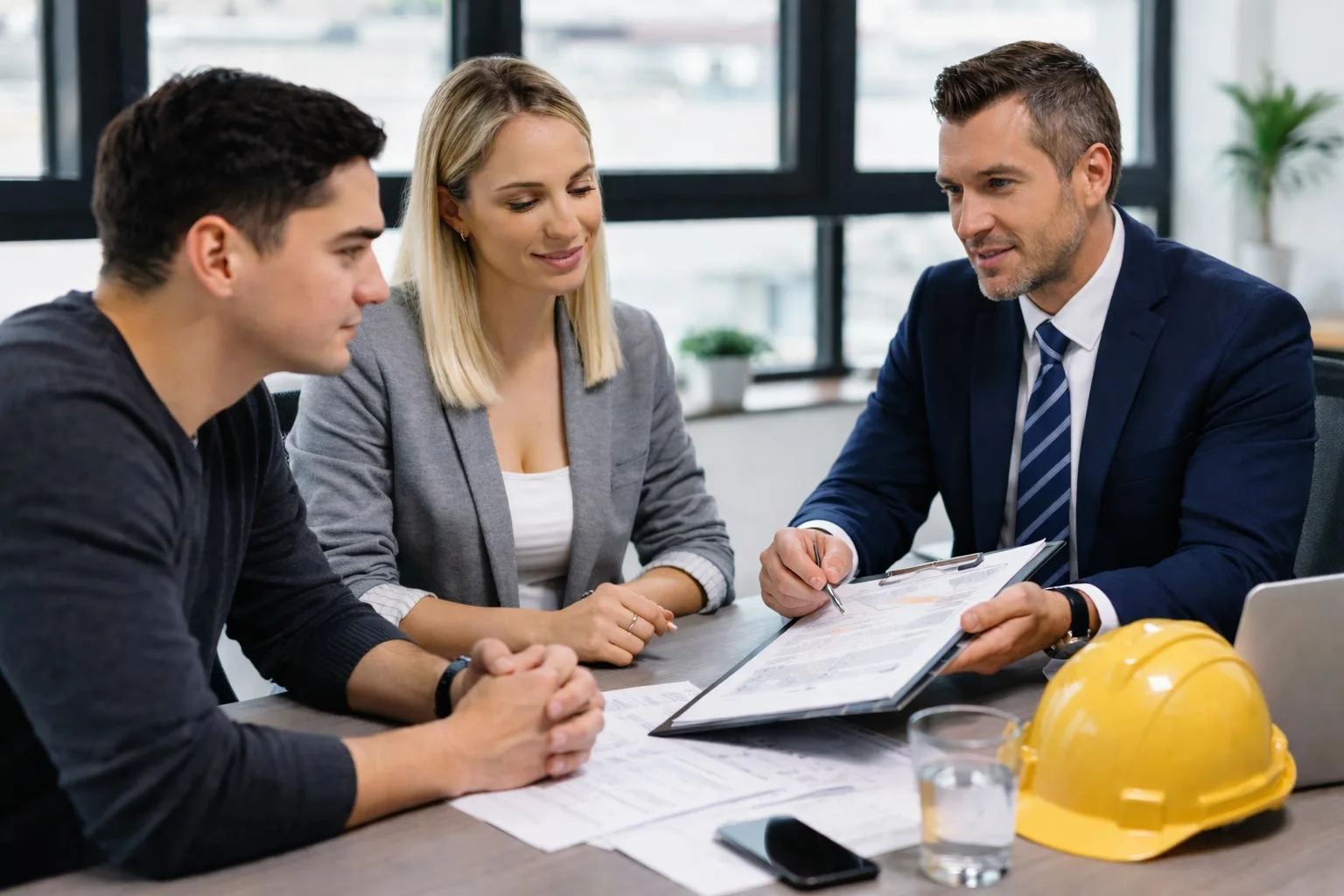 Public insurance adjuster reviewing property damage claim documents with homeowners during consultation