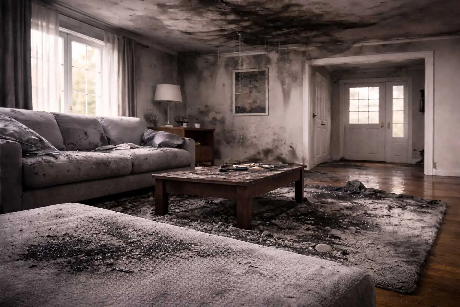 Living room interior with heavy smoke residue and soot damage on walls and ceiling