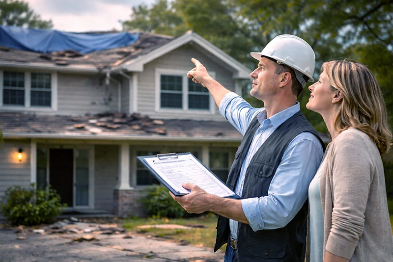Public adjuster reviewing roof damage with homeowner during property insurance claim inspection