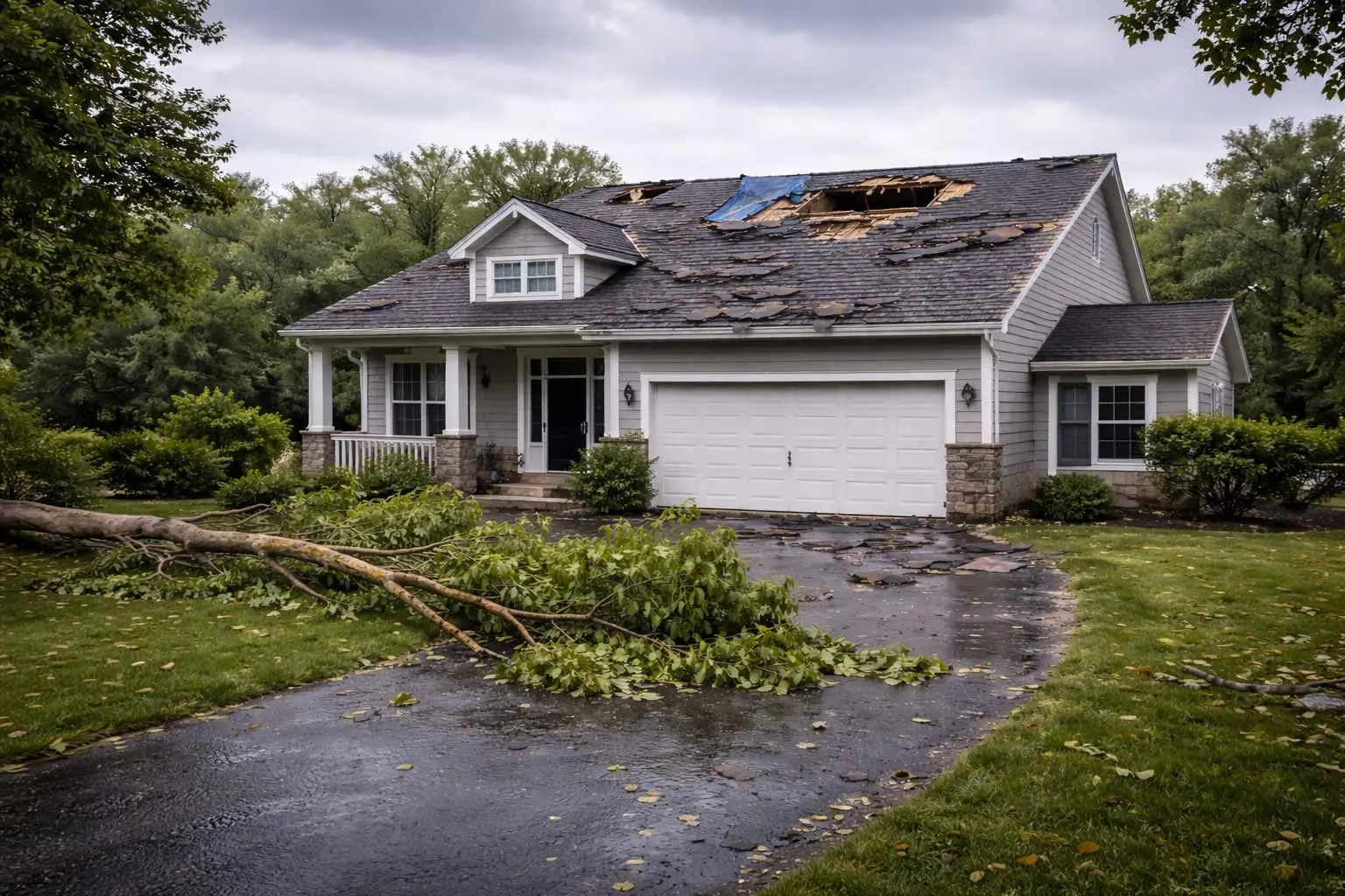 Suburban home with roof shingle loss and storm damage after severe weather