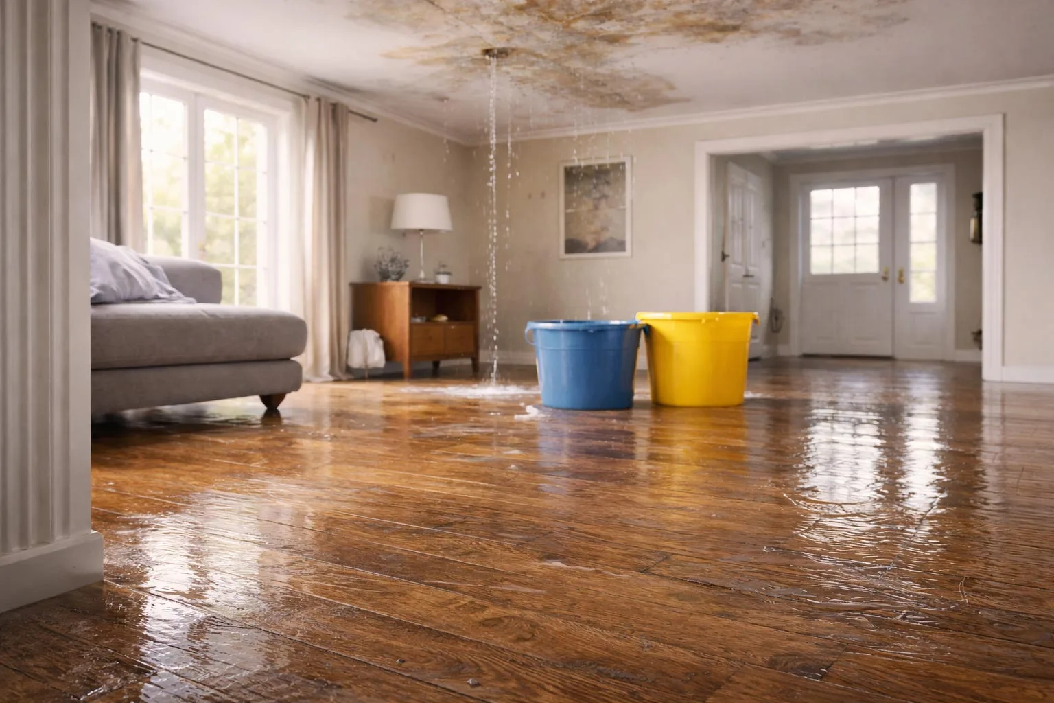 Interior living room with ceiling leak and water damage affecting hardwood flooring